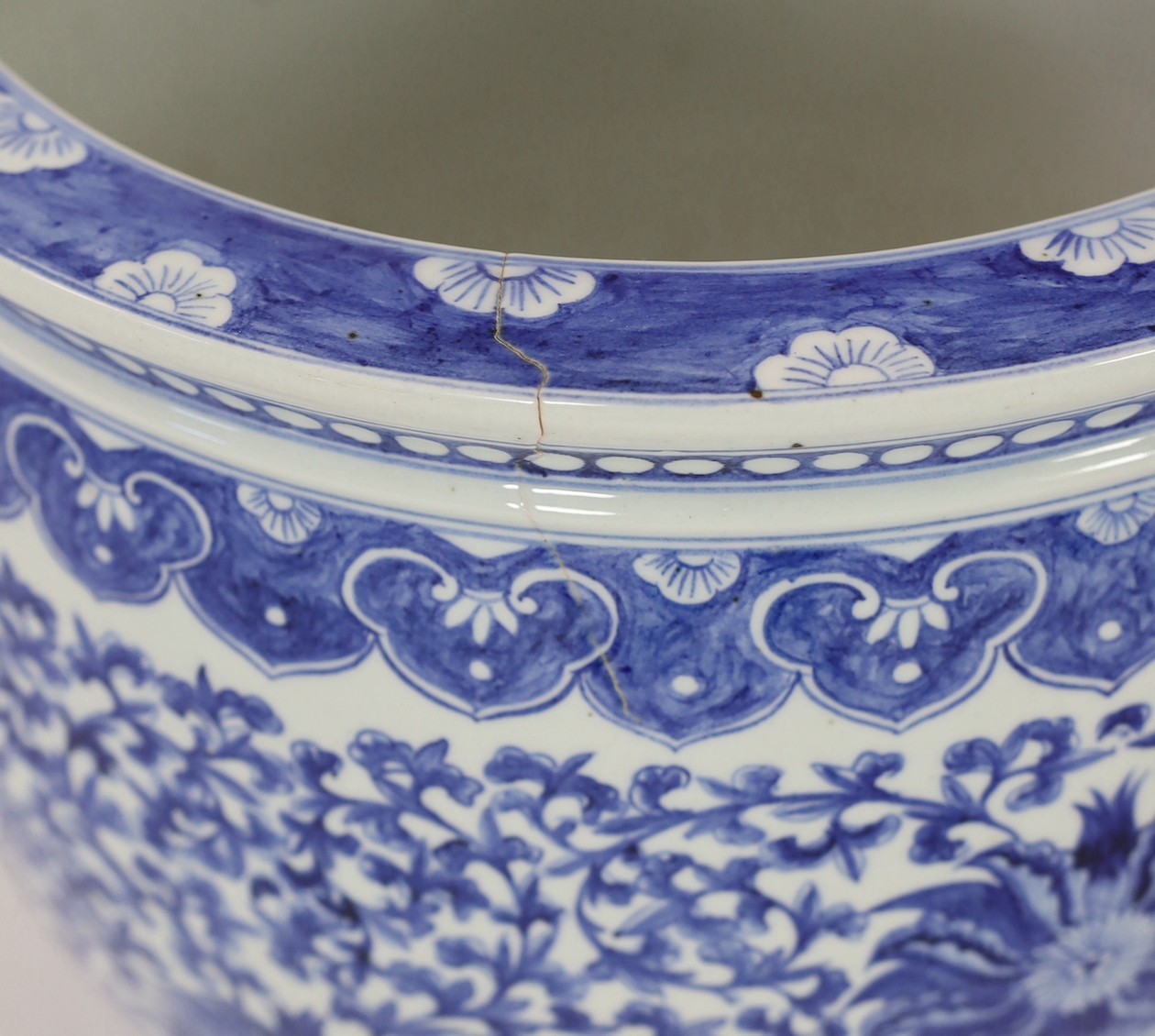 A Chinese blue and white ‘fish’ bowl, 20th century, 44cm diameter 38cm high